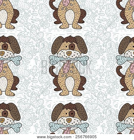 Happy Detailed Doodle Hand Drawn Dog With A Bone And Hearts.seamlesss Doodle Color Pattern For Kids.
