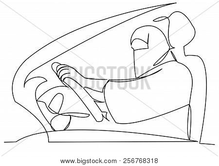 One Line Continuous Painted Muslim Woman Driving A Car Drawn By Hand Silhouette Picture. Line Art. C