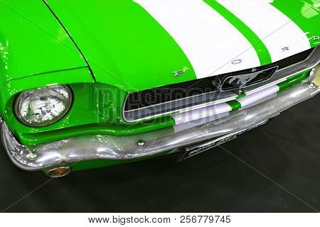 Sankt-petersburg, Russia, July 21, 2017: Front View Of Green Classic Retro Ford Mustang Gt.car Exter