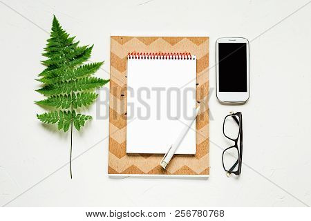 Busines Flat Lay Of Office Stuff On White Table. Notebook, Pencil. Glasses, Laptop, Fern