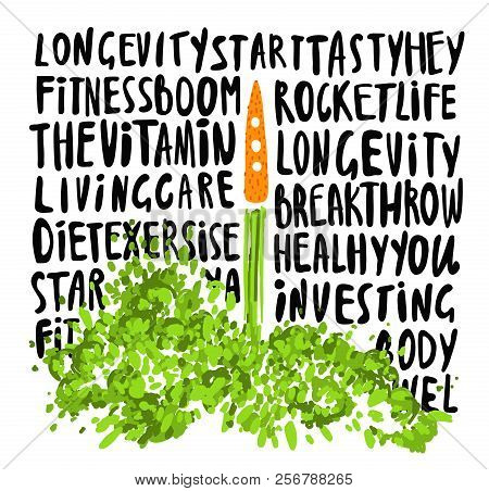 Illustration Of The Concept Of A Healthy Lifestyle. Carrots With A Halms, Taking Off Like A Rocket W
