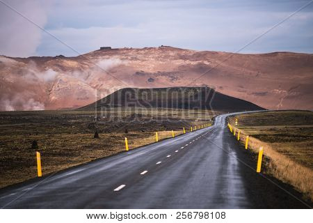 Road (highway) N1 in Iceland. Geothermal valley of Hverir near Namafjall and pass Namaskard