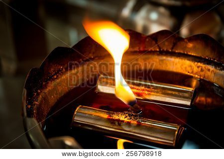 Oil Lantern In Chinese Temple In Thailand Close Up.