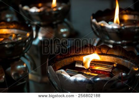 Oil Lantern In Chinese Temple In Thailand Close Up.