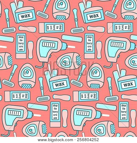 Cute Peach Color Seamless Pattern With Pink And Blue Hair Removal Equipments. Girlish Epilatory And 