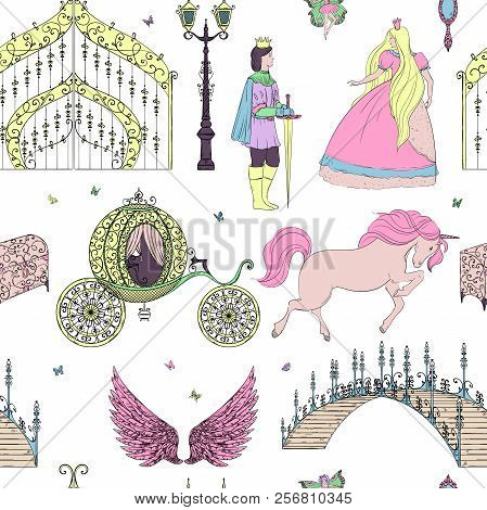 Seamless Pattern With Prince, Princess, Gate, Unicorn, Lantern, Chest, Bridge And Angel Wings. Fairy