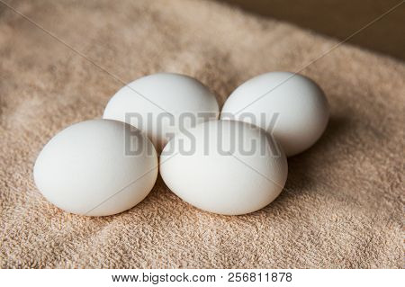 White Chicken Eggs On A Table On Brown Towel