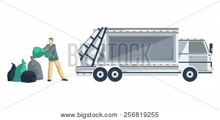 Garbage Man Loading Trash Bags To The Garbage Truck. Isolated Objects On White Background. Garbage R