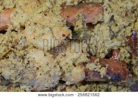 Spicy Indian Prawn Food Dish, Prepared With Coconut For Nice Taste. Close Up Image Of The Prawns Bei