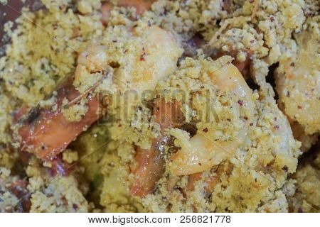 Spicy Indian Prawn Food Dish, Prepared With Coconut For Nice Taste. Close Up Image Of The Prawns Bei