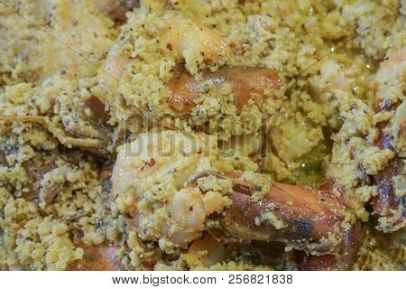 Spicy Indian Prawn Food Dish, Prepared With Coconut For Nice Taste. Close Up Image Of The Prawns Bei