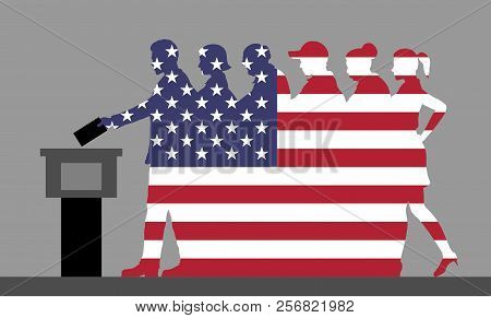 American Voters Crowd Silhouette Like Usa Flag By Voting For Election. All The Silhouette Objects, A