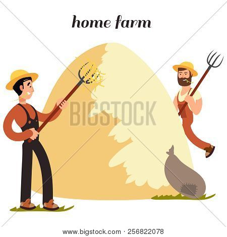 Cartoon Character Farmers And Hay Isolated On White Background. Vector Illustration