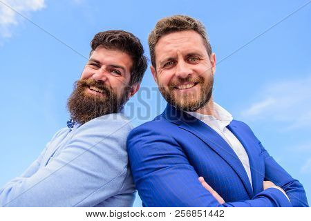 Men Businessman Formal Suits Stand Back To Back Blue Sky Background. Business And Corporate Law. Cor