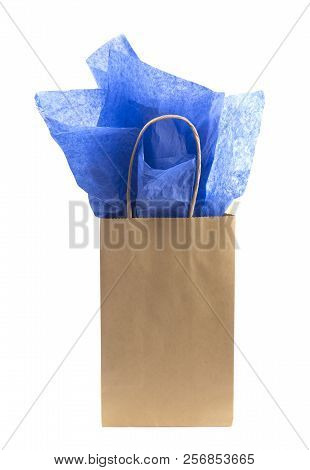 Single Kraft And Blue Giftbag On A White Background