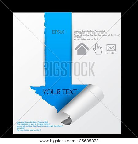 Flèche bleue sur la feuille de papier. Papier déchiré