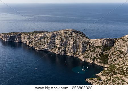 Aerial View Of Scenic Cliffs And Yachts In Harbour In Calanques De Marseille Massif Des Calanques , 