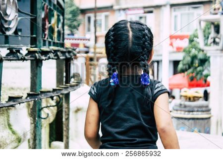 Kathmandu Nepal August 24, 2018 View Of A Nepali Child Playing Around The Shree Gha Stupa Temple Loc