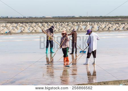 Petchaburi, Thailand - 12th August 2017: Workers Gathering Sea Salt From The Salt Pans.the Farms Oft