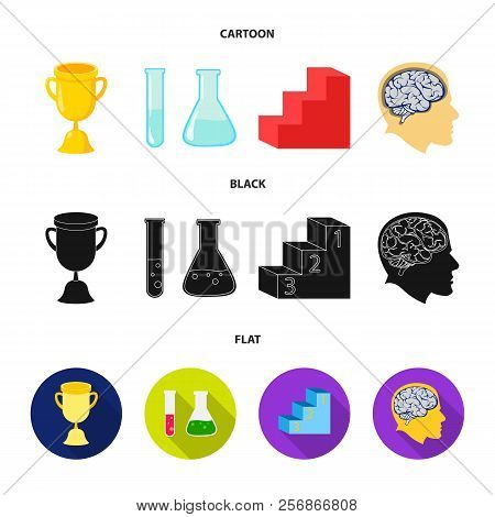 A Cup, Test Tubes With A Reagent, A Pedestal, A Man S Head With A Brain. School Set Collection Icons
