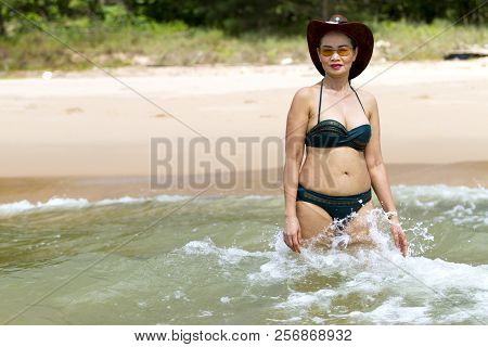 Woman And Color Bikini Show Shape Sexy Relax On Beach At Klong Wan Beach, Prachuap Khirikhan Provinc