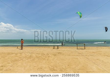 Cabo De La Vela, La Guajira, Colombia. April 2018. A View Of Kitesurfing On The Caribbean Beach In C