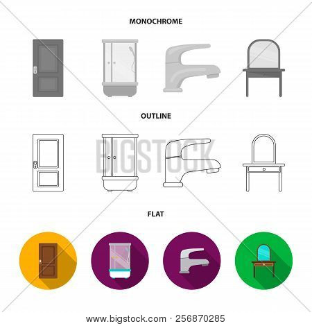 Door, Shower Cubicle, Mirror With Drawers, Faucet.furniture Set Collection Icons In Flat, Outline, M