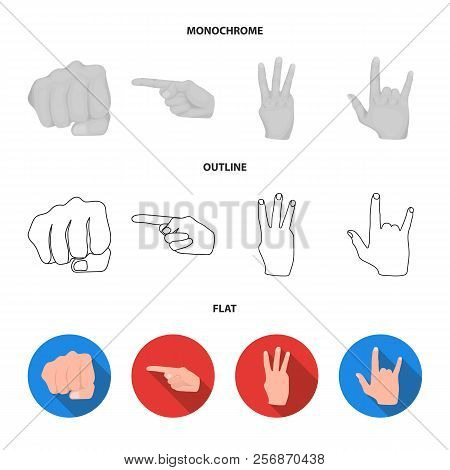 Closed Fist, Index, And Other Gestures. Hand Gestures Set Collection Icons In Flat, Outline, Monochr