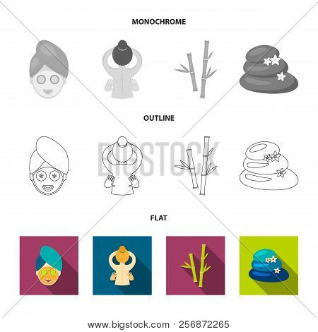 Face With A Cosmetic Mask With Cucumbers, Massage Hands, Bamboo, Stones With Lotus Flowers. Spa Set 