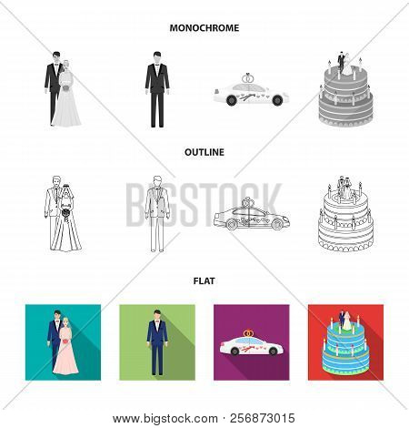 Wedding And Attributes Cartoon , Flat, Outline, Black Icons In Set Collection For Design.newlyweds A