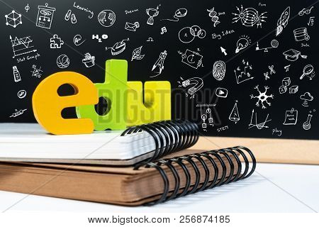 Classic School Background With Wooden Word Edu And Doodle Draw Icon For Education. Education School 