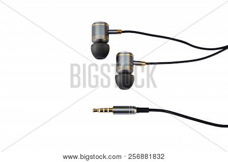 High Quality Gold Black Earphones Or Ear Buds With 2.5mm Jack On Isolated White Background.