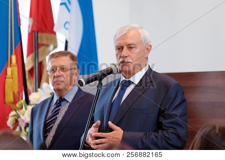 ST. PETERSBURG, RUSSIA - SEPTEMBER 1, 2018: Governor of Saint Petersburg Georgy Poltavchenko greeting the first full time students of Water Academy. The Academy was founded in 2015