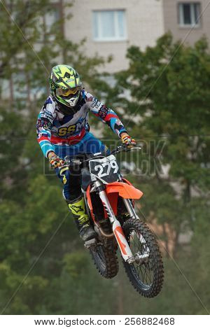 ST. PETERSBURG, RUSSIA - SEPTEMBER 2, 2018: Athletes compete in third stage of Russian Supercross Championship. This stage is held on the motor racing track of DOSAAF in Saint Petersburg