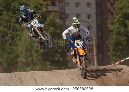 ST. PETERSBURG, RUSSIA - SEPTEMBER 2, 2018: Athletes compete in third stage of Russian Supercross Championship. This stage is held on the motor racing track of DOSAAF in Saint Petersburg