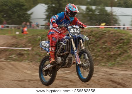 ST. PETERSBURG, RUSSIA - SEPTEMBER 2, 2018: Athletes compete in third stage of Russian Supercross Championship. This stage is held on the motor racing track of DOSAAF in Saint Petersburg