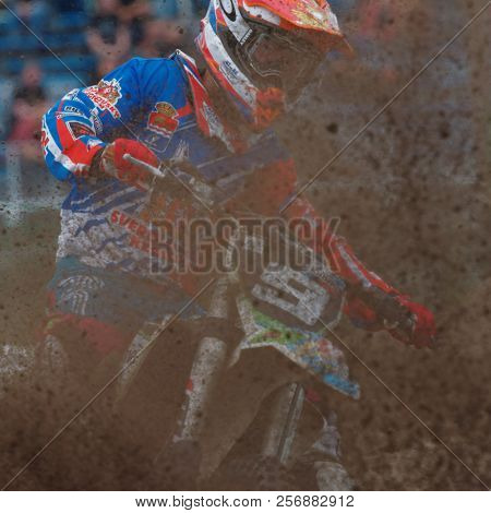 ST. PETERSBURG, RUSSIA - SEPTEMBER 2, 2018: Athletes compete in third stage of Russian Supercross Championship. This stage is held on the motor racing track of DOSAAF in Saint Petersburg
