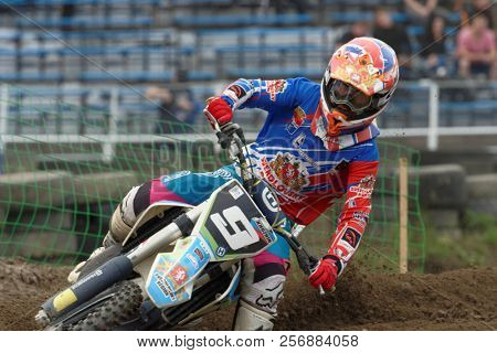 ST. PETERSBURG, RUSSIA - SEPTEMBER 2, 2018: Athletes compete in third stage of Russian Supercross Championship. This stage is held on the motor racing track of DOSAAF in Saint Petersburg