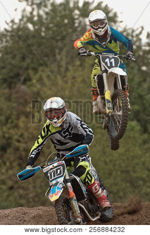 ST. PETERSBURG, RUSSIA - SEPTEMBER 2, 2018: Athletes compete in third stage of Russian Supercross Championship. This stage is held on the motor racing track of DOSAAF in Saint Petersburg