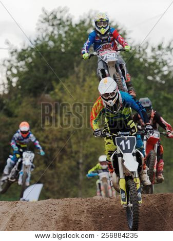 ST. PETERSBURG, RUSSIA - SEPTEMBER 2, 2018: Athletes compete in third stage of Russian Supercross Championship. This stage is held on the motor racing track of DOSAAF in Saint Petersburg