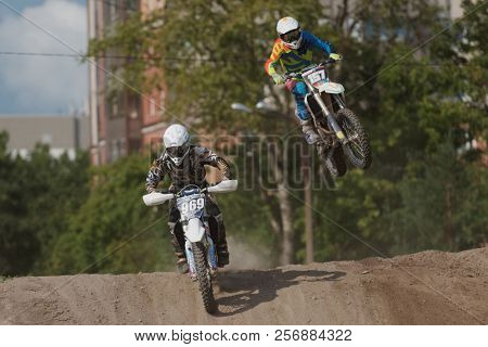 ST. PETERSBURG, RUSSIA - SEPTEMBER 2, 2018: Athletes compete in third stage of Russian Supercross Championship. This stage is held on the motor racing track of DOSAAF in Saint Petersburg