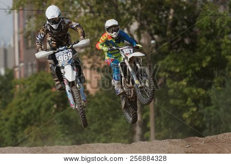 ST. PETERSBURG, RUSSIA - SEPTEMBER 2, 2018: Athletes compete in third stage of Russian Supercross Championship. This stage is held on the motor racing track of DOSAAF in Saint Petersburg