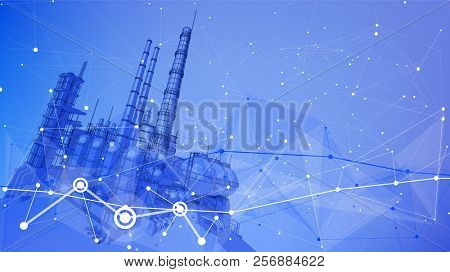 modern chemical manufacturing plant on a blue technological background with a stylized digital wave - the concept of modern technology, the new industrial revolution & information technology