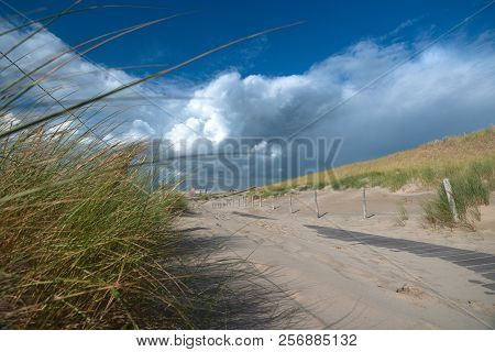 Beautiful Picture With A View Over The Dutch Coast Strip With Sand Dunes, Wide Beaches And A Sunny, 