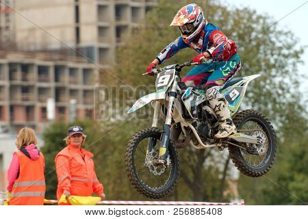 ST. PETERSBURG, RUSSIA - SEPTEMBER 2, 2018: Athletes compete in third stage of Russian Supercross Championship. This stage is held on the motor racing track of DOSAAF in Saint Petersburg