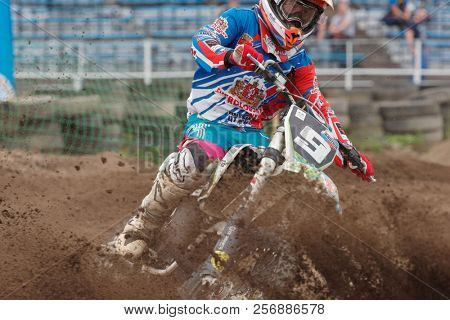 ST. PETERSBURG, RUSSIA - SEPTEMBER 2, 2018: Athletes compete in third stage of Russian Supercross Championship. This stage is held on the motor racing track of DOSAAF in Saint Petersburg