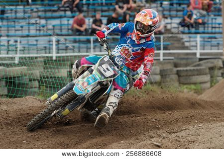 ST. PETERSBURG, RUSSIA - SEPTEMBER 2, 2018: Athletes compete in third stage of Russian Supercross Championship. This stage is held on the motor racing track of DOSAAF in Saint Petersburg