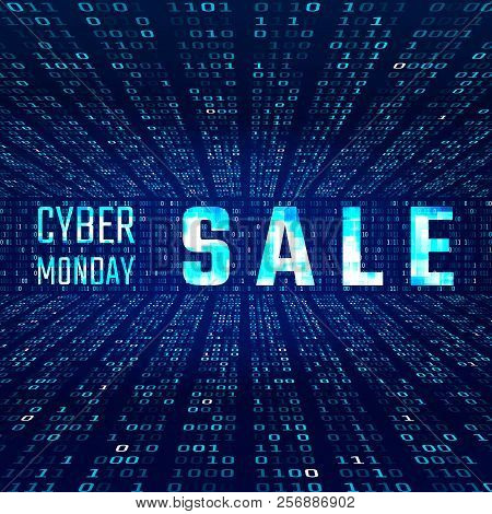Cyber Monday Sale Banner With Glitch Effect On Binary Code Background. Vector Illustration