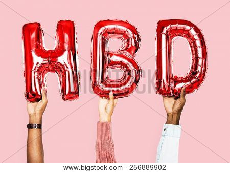 Red alphabet balloons forming the word HBD