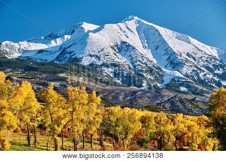 Mount Sopris autumn landscape in Colorado Rocky Mountains, USA. 